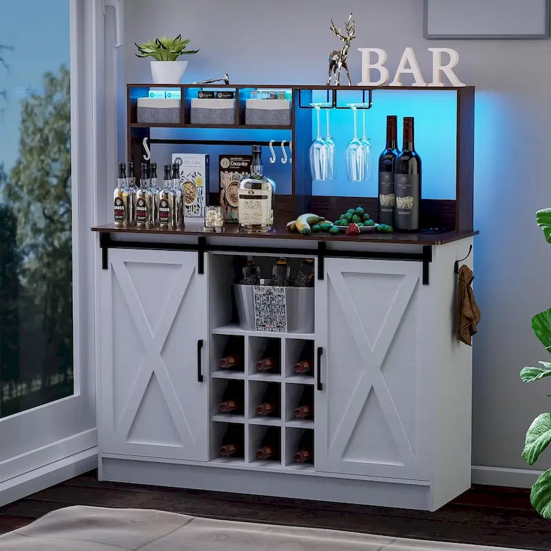 Coffee Bar Cabinet, 47 Sideboard Buffet Cabinet with 20-color LED Lights and 6.5FT Outlet