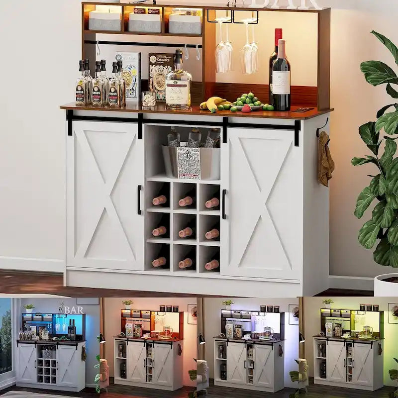 Coffee Bar Cabinet, 47 Sideboard Buffet Cabinet with 20-color LED Lights and 6.5FT Outlet
