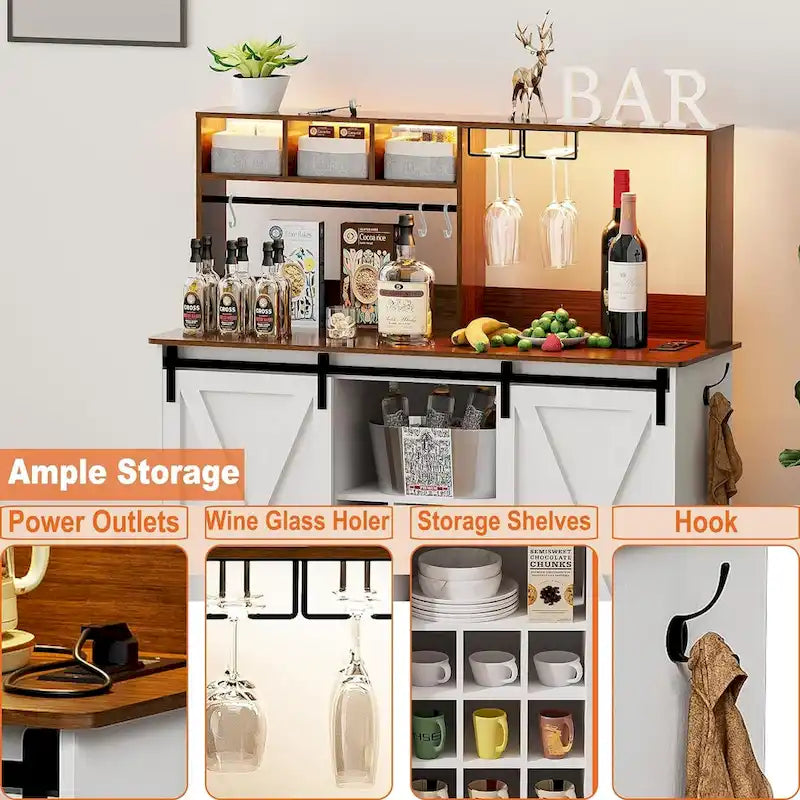 Coffee Bar Cabinet, 47 Sideboard Buffet Cabinet with 20-color LED Lights and 6.5FT Outlet