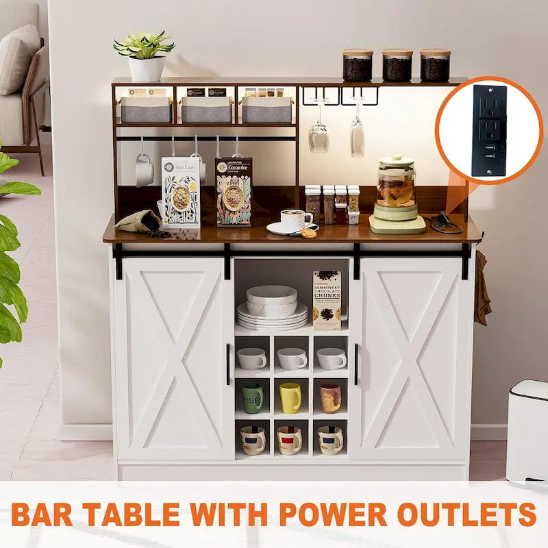 Coffee Bar Cabinet, 47 Sideboard Buffet Cabinet with 20-color LED Lights and 6.5FT Outlet