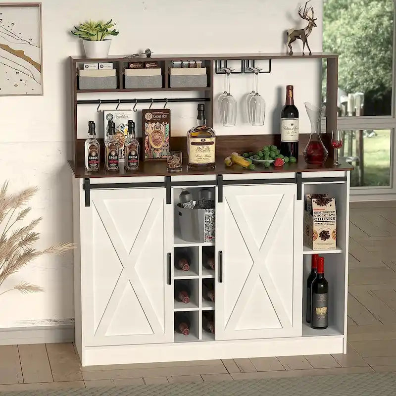 Coffee Bar Cabinet, 47 Sideboard Buffet Cabinet with 20-color LED Lights and 6.5FT Outlet