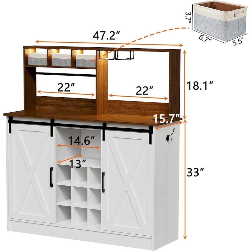 Coffee Bar Cabinet, 47 Sideboard Buffet Cabinet with 20-color LED Lights and 6.5FT Outlet