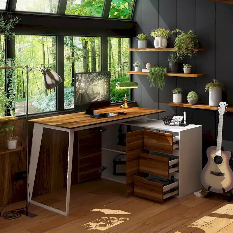 54.3 Home Office Computer Desk Corner Desk With Drawers and Cabinet