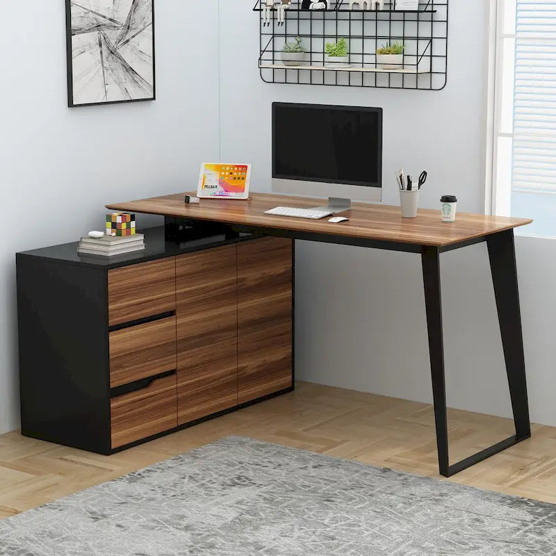 54.3 Home Office Computer Desk Corner Desk With Drawers and Cabinet