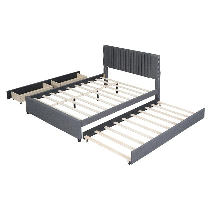 Linen Upholstered Platform Bed with 2 Drawers and Trundle,Queen/Full Size