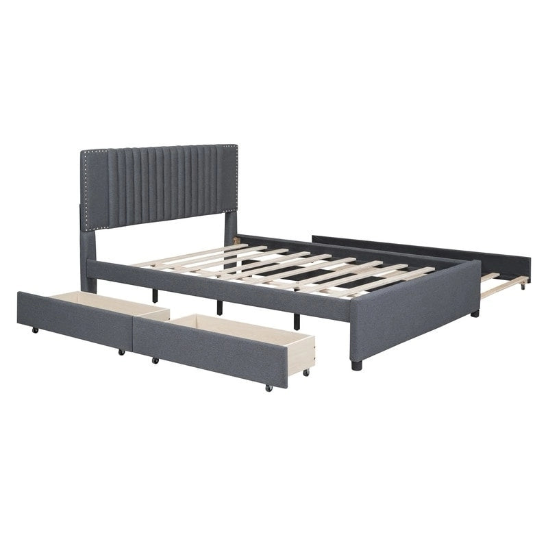 Linen Upholstered Platform Bed with 2 Drawers and Trundle,Queen/Full Size