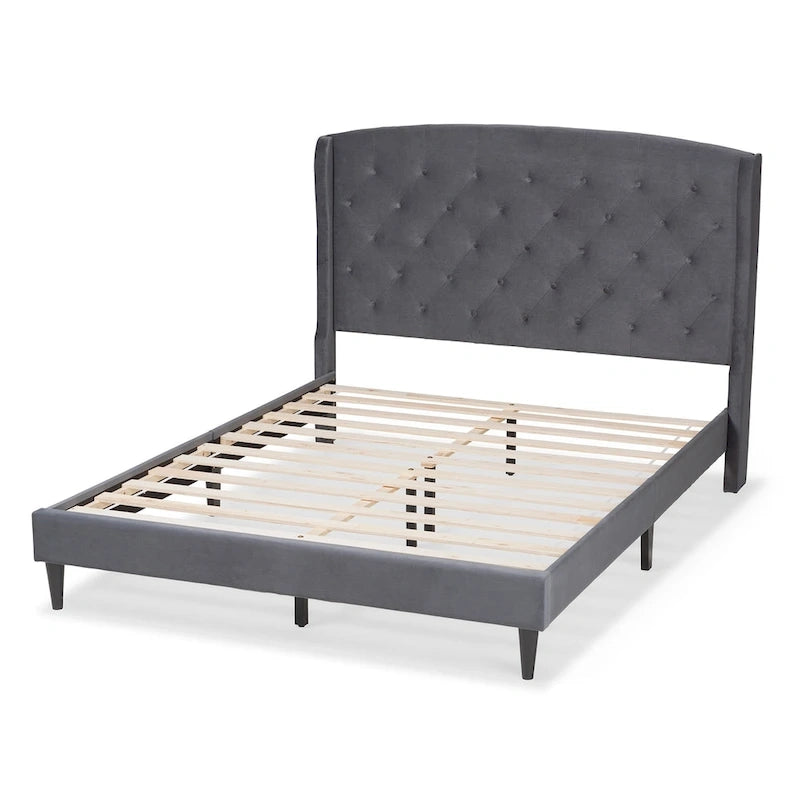 Joanna Modern and Contemporary Velvet Fabric Upholstered and Dark Brown Finished Wood Platform Bed