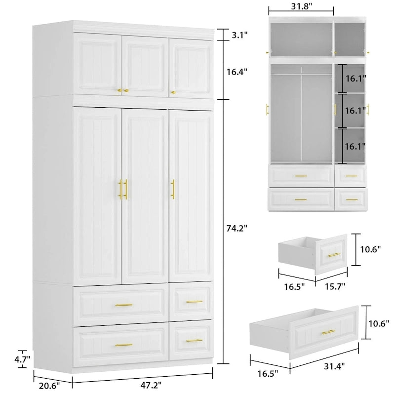 Modern Freestanding Wardrobe Armoire Closet High Cabinet Storage White - 93.7H