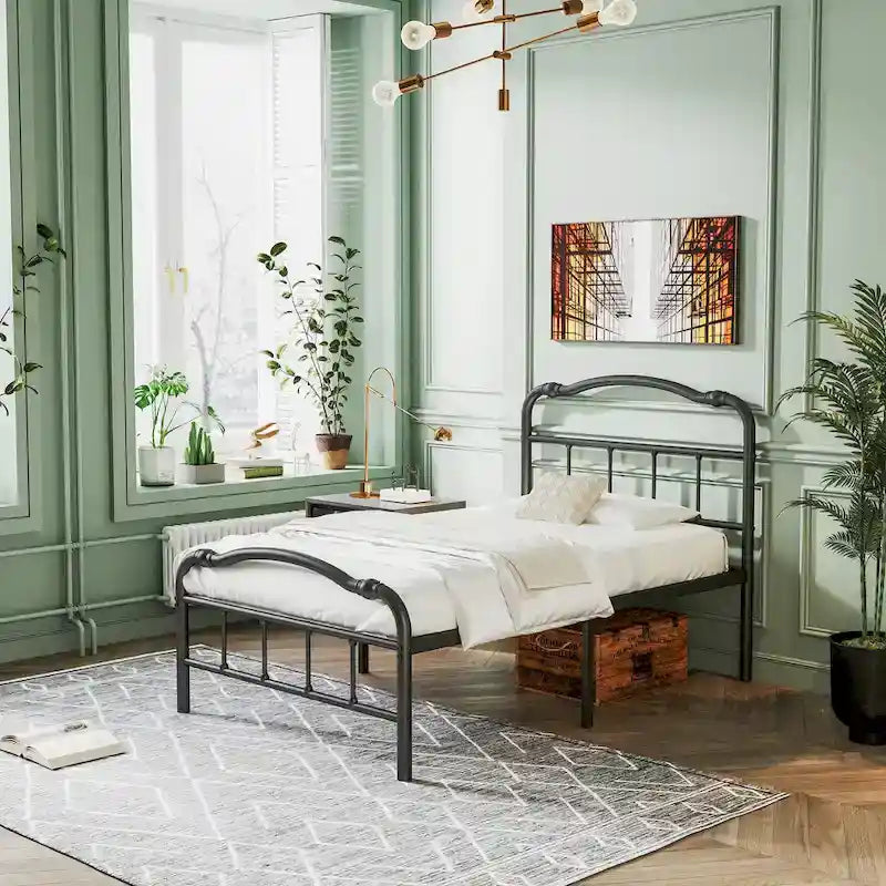 Heavy Duty Anti-Sway 18 Inch High Steel Tube Iron Bed, Double Wave Headboard And Footboard