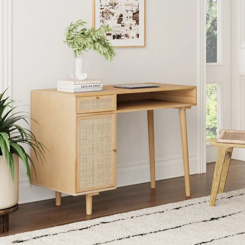 Modern Farmhouse Desk with Storage and Brass Accent Knobs