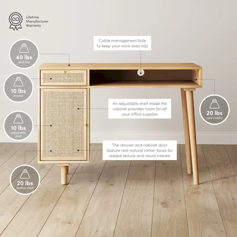 Modern Farmhouse Desk with Storage and Brass Accent Knobs