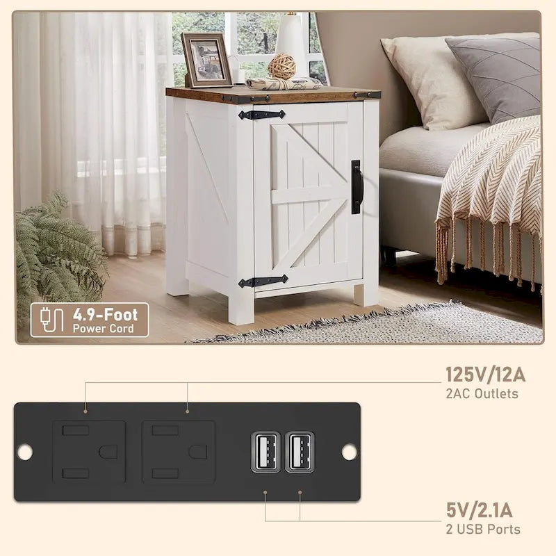 Farmhouse Wood Nightstand with Charging Station, End Table, Side Table