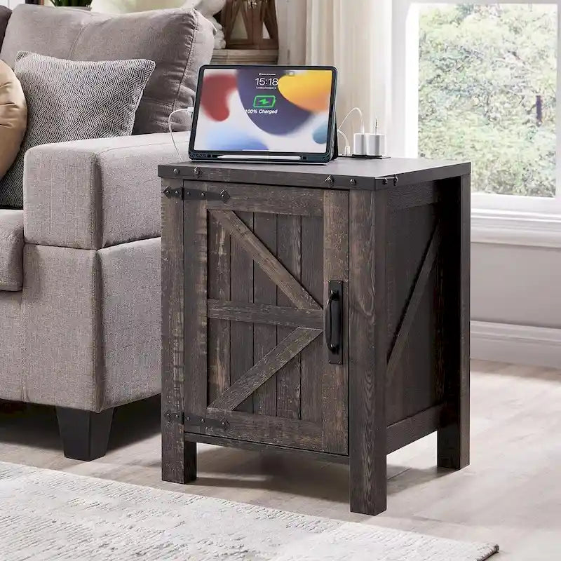 Farmhouse Wood Nightstand with Charging Station, End Table, Side Table