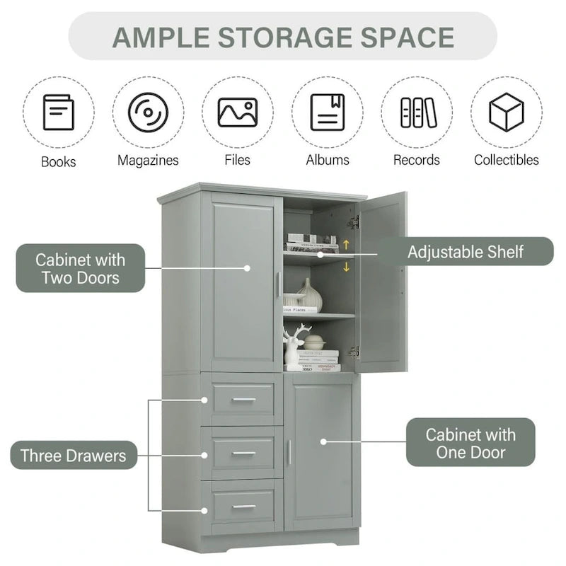 Tall and Wide Storage Cabinet with Doors for Bathroom/Office Three Drawers Grey/White/Black