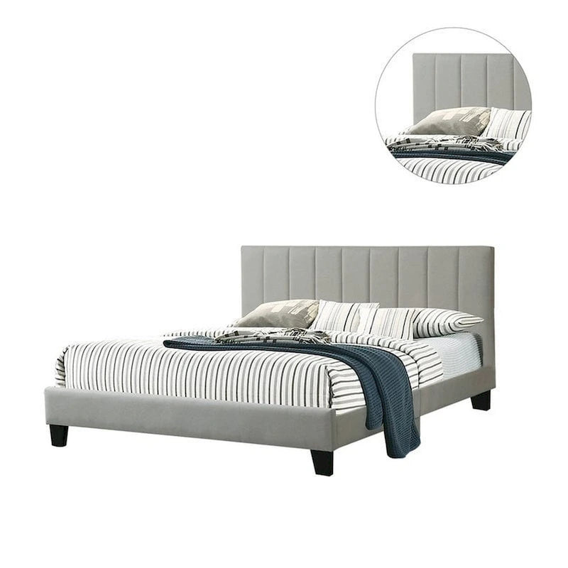 Eve Platform California King Bed, Deep Channel Tufted Light Gray Upholstery