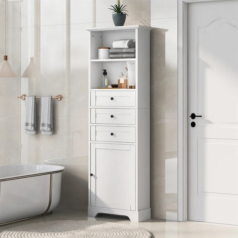 Tall Storage Bathroom Cabinet with 3 Drawers and Adjustable Shelves