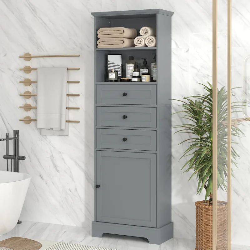 Tall Storage Bathroom Cabinet with 3 Drawers and Adjustable Shelves