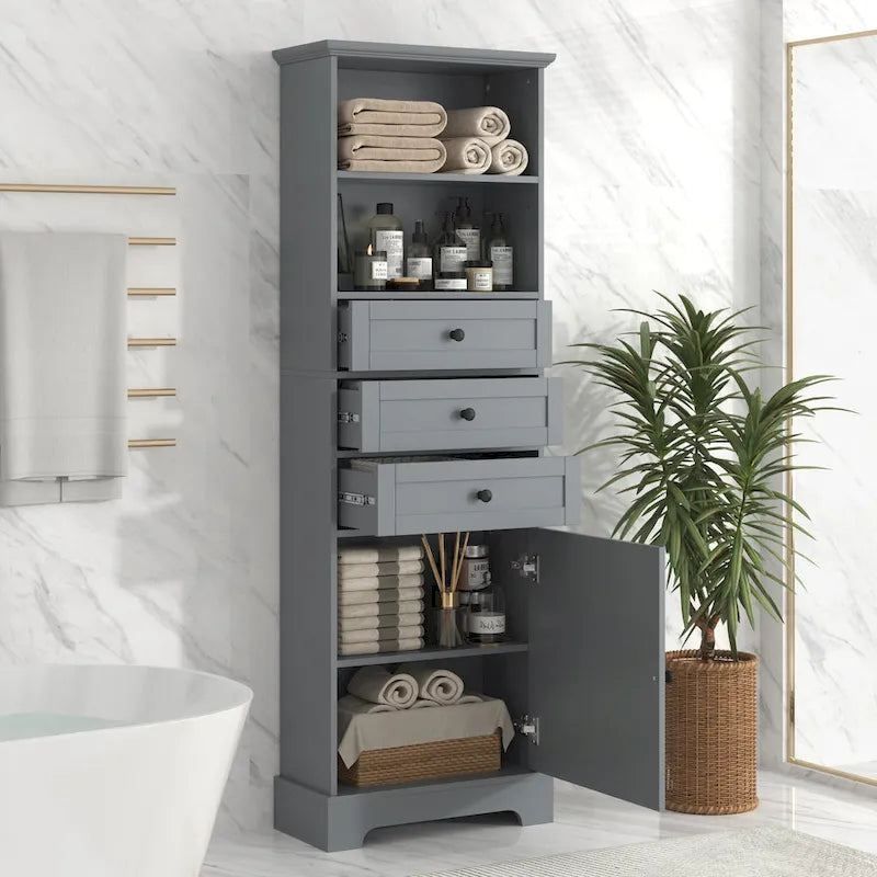Tall Storage Bathroom Cabinet with 3 Drawers and Adjustable Shelves