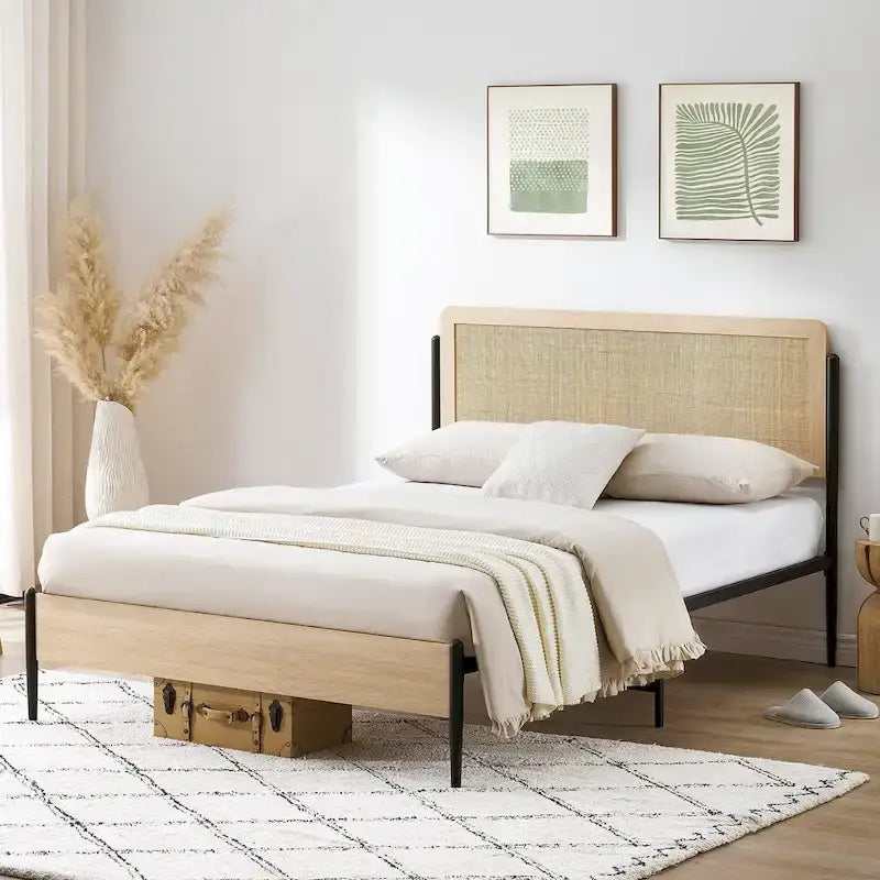 Wooden Metal Platform Bed Frame With Rattan Headboard