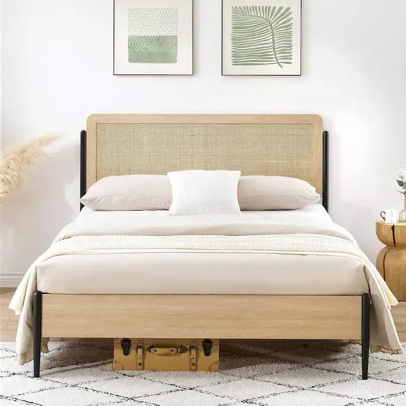 Wooden Metal Platform Bed Frame With Rattan Headboard