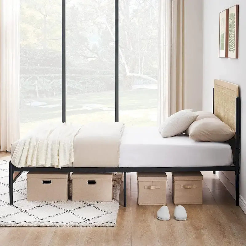 Wooden Metal Platform Bed Frame With Rattan Headboard