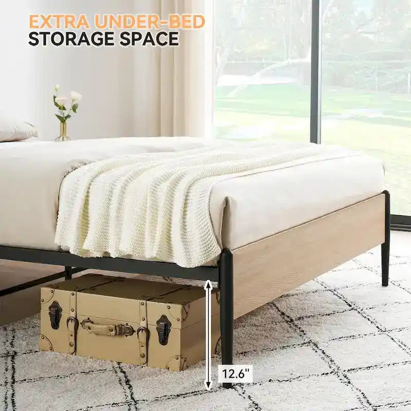 Wooden Metal Platform Bed Frame With Rattan Headboard