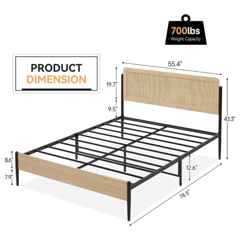 Wooden Metal Platform Bed Frame With Rattan Headboard