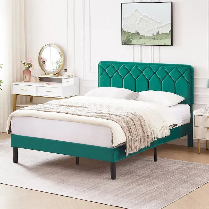 Upholstered Bed Frame with Adjustable Height Headboard, Twin/Full/Queen Size, Dark Green