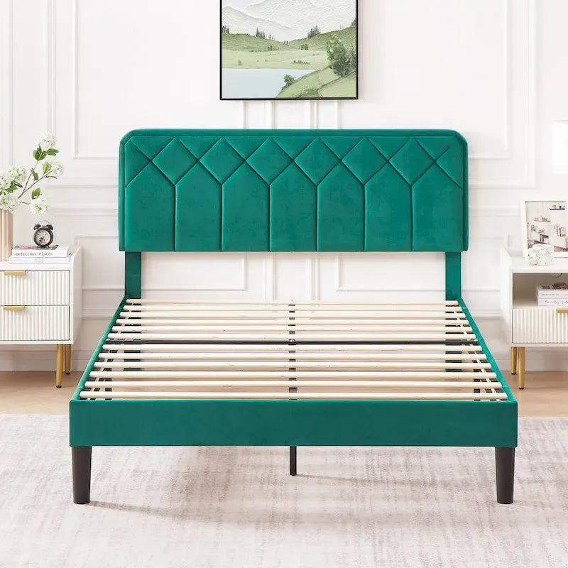 Upholstered Bed Frame with Adjustable Height Headboard, Twin/Full/Queen Size, Dark Green