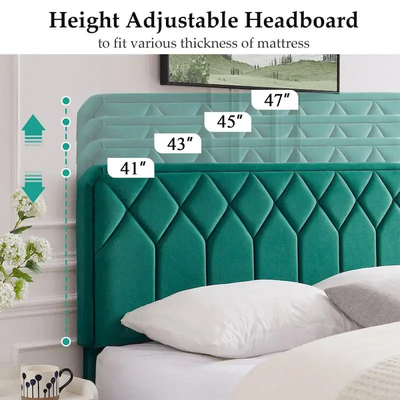 Upholstered Bed Frame with Adjustable Height Headboard, Twin/Full/Queen Size, Dark Green