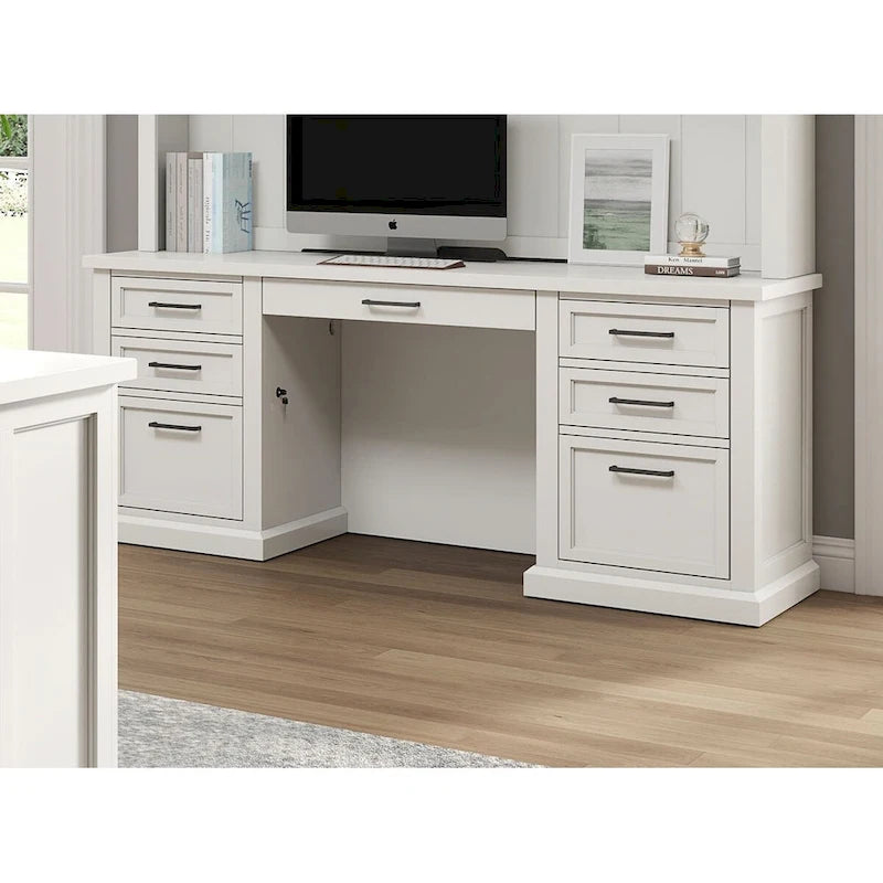 Modern Wood Desk, Office Writing Table, Credenza, Fully Assembled, White Finish