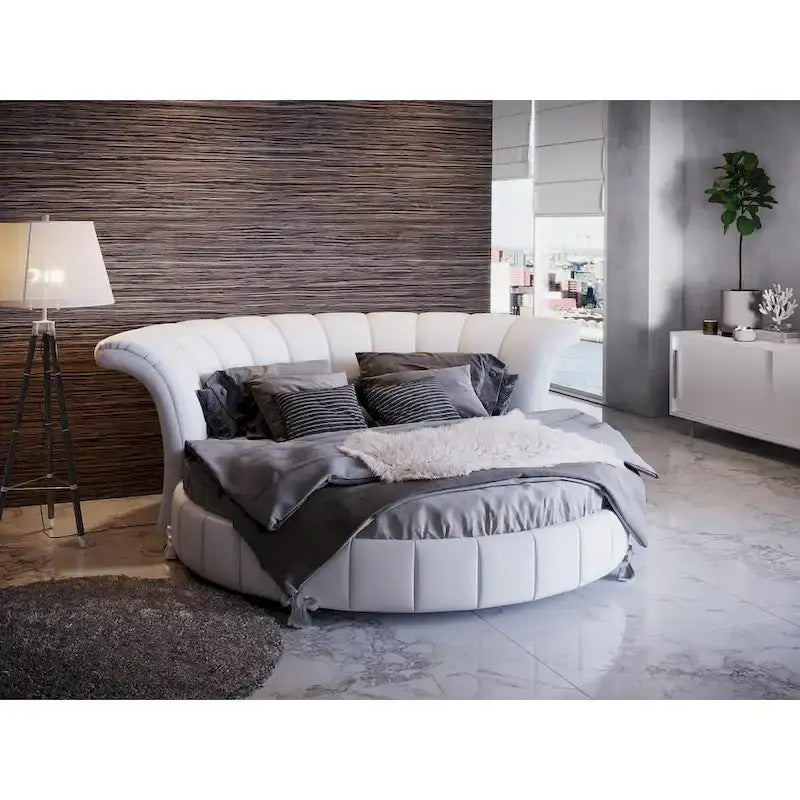 White Faux Leather Venetian Round King Size Bed
