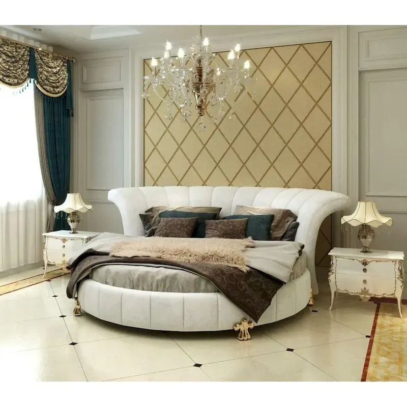 White Faux Leather Venetian Round King Size Bed