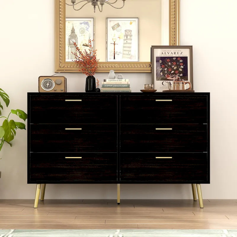 6-Drawer Double Dresser with Gold Accents Bedroom Storage Solution