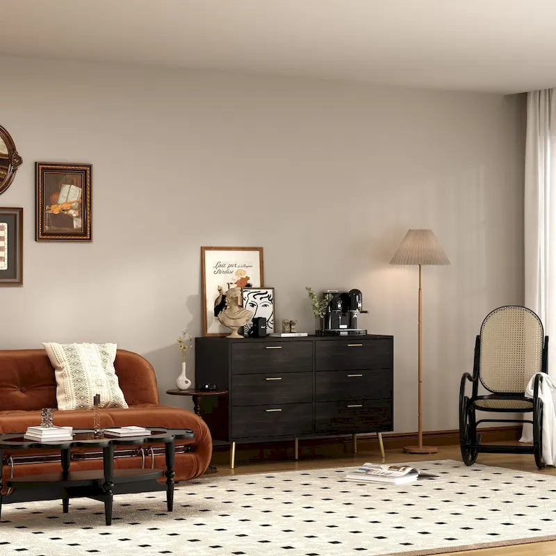 6-Drawer Double Dresser with Gold Accents Bedroom Storage Solution