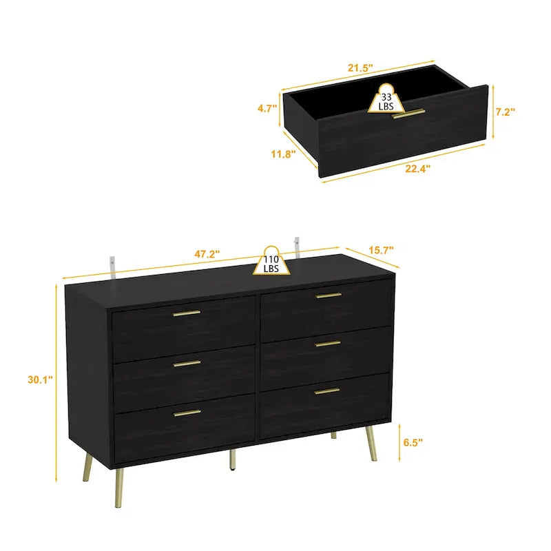 6-Drawer Double Dresser with Gold Accents Bedroom Storage Solution