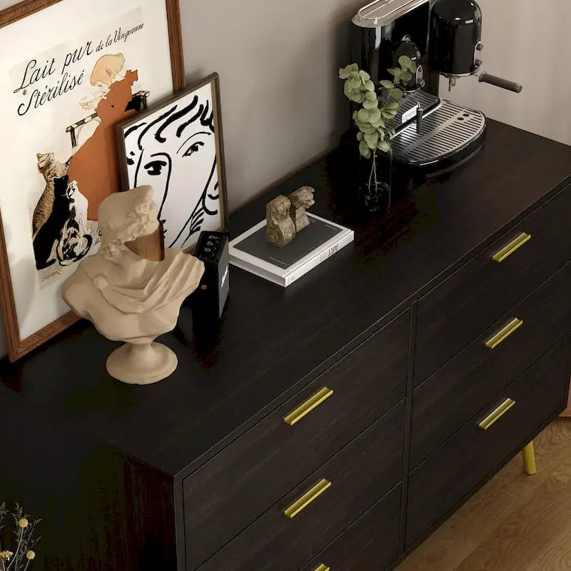 6-Drawer Double Dresser with Gold Accents Bedroom Storage Solution