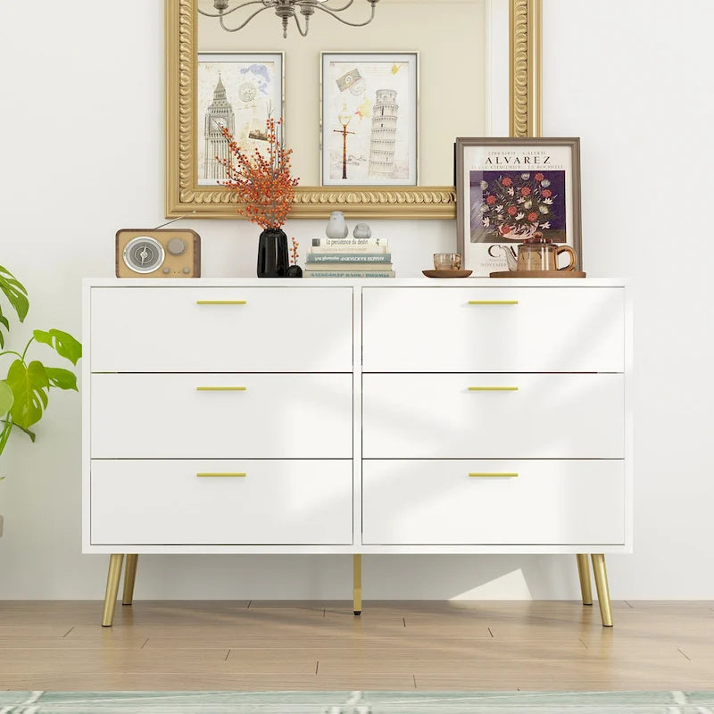 6-Drawer Double Dresser with Gold Accents Bedroom Storage Solution