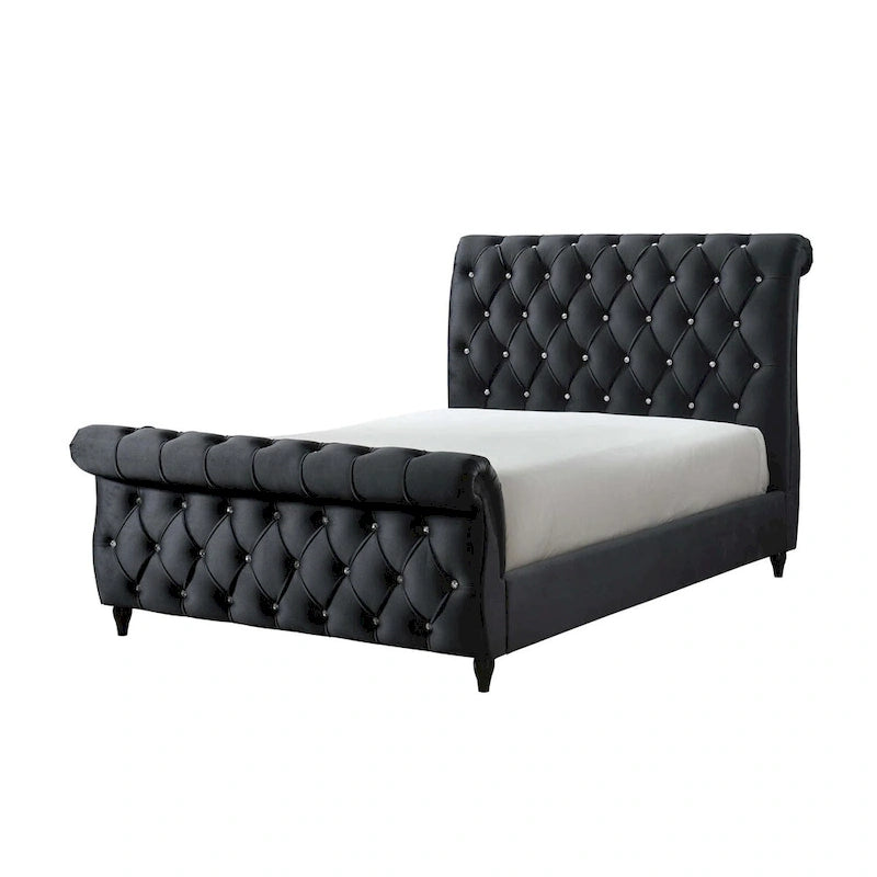 Ellowen Queen Size Bed, Diamond Tufted Black Upholstery, Panel Headboard
