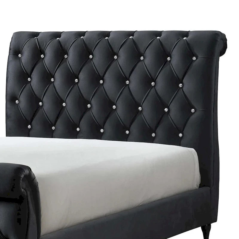Ellowen Queen Size Bed, Diamond Tufted Black Upholstery, Panel Headboard