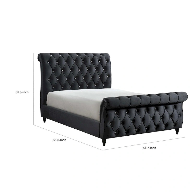 Ellowen Queen Size Bed, Diamond Tufted Black Upholstery, Panel Headboard