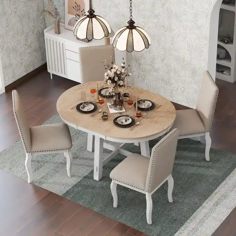 5-Piece Dining Set with Round Extendable Dining Table and Chairs