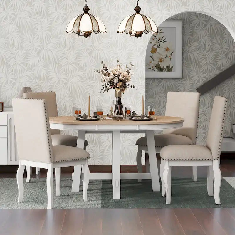 5-Piece Dining Set with Round Extendable Dining Table and Chairs