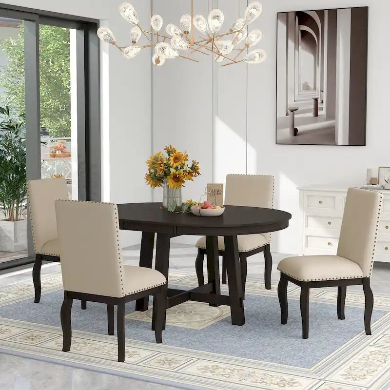 5-Piece Dining Set with Round Extendable Dining Table and Chairs