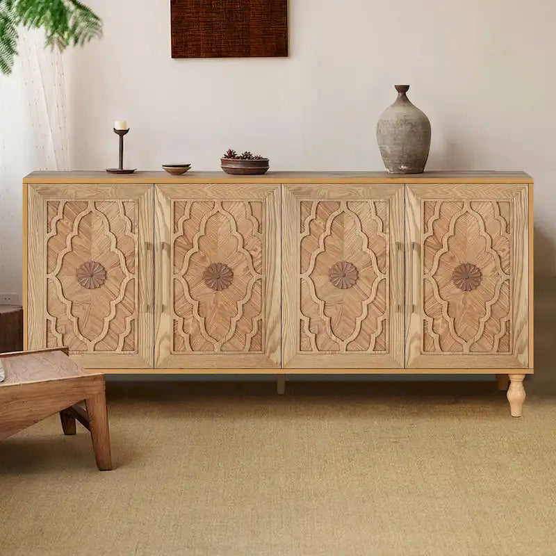 Carved Flower Door Large Storage Cabinet Sideboard Buffet