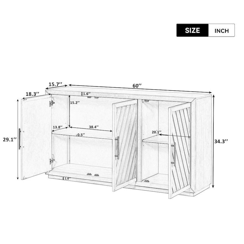 3-Door Large Storage Retro Sideboard with Adjustable Shelves and Black Handles