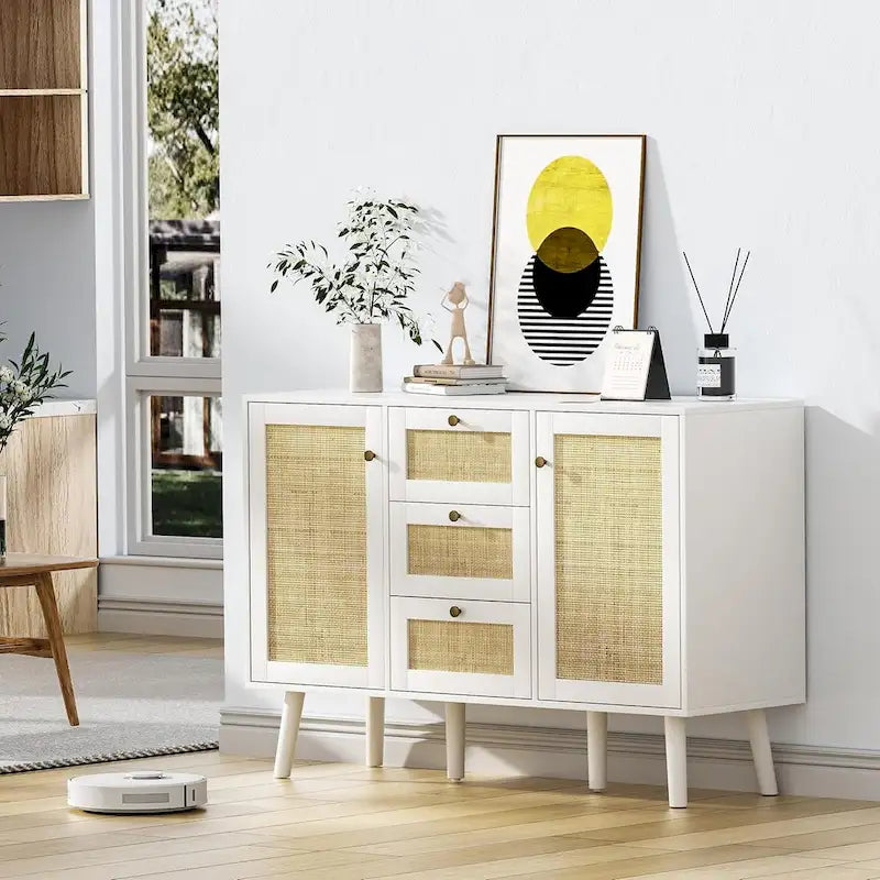 Anmytek Mid-Century Modern 47.2 W 2-Door White Buffet/Sideboard Rattan Storage Accent Cabinet with Drawers