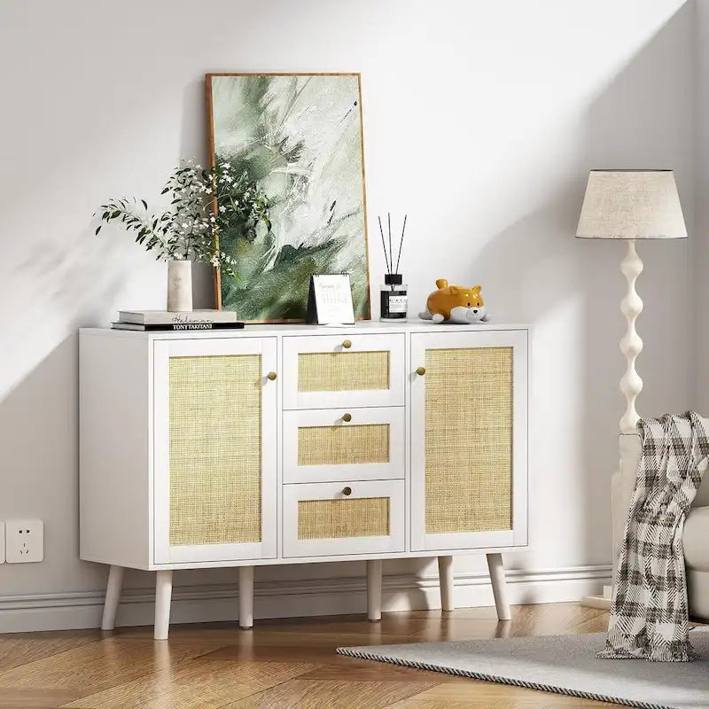 Mid-Century Modern 47.2W 2-Door White Rattan Buffet/Sideboard with Drawers