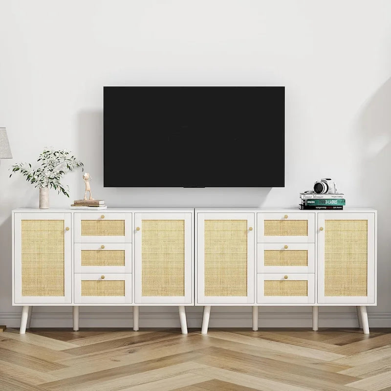 Mid-Century Modern 47.2W 2-Door White Rattan Buffet/Sideboard with Drawers