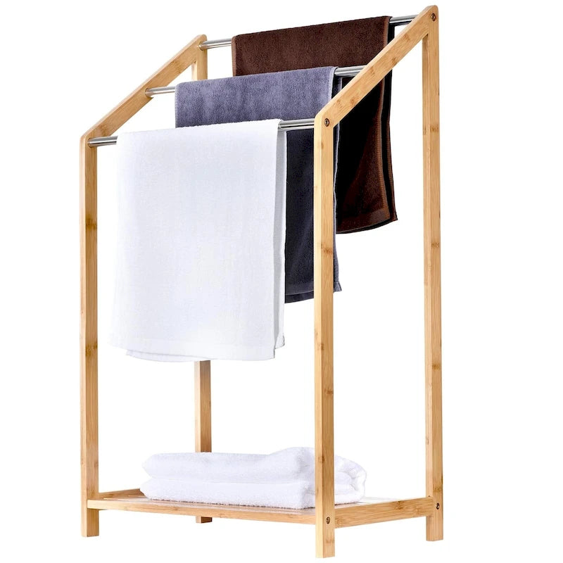 Bamboo Towel Rack Holder for Bathrooms (3 Tier) - Freestanding Beach Towel Stand with Towel Organizer